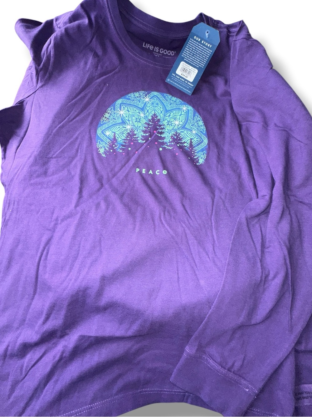 NWT Women XL Lng Slv Crusher Tee Shirt Life is Good "Meowy & Bright" Lights Cat